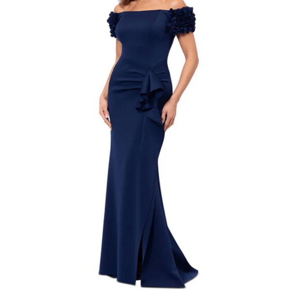 Xscape Navy Blue Floral Off-the-Shoulder Short Sleeve Gown